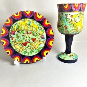 Yair Emanuel Large Wooden Kiddush Cup and Saucer with a Colorful Design